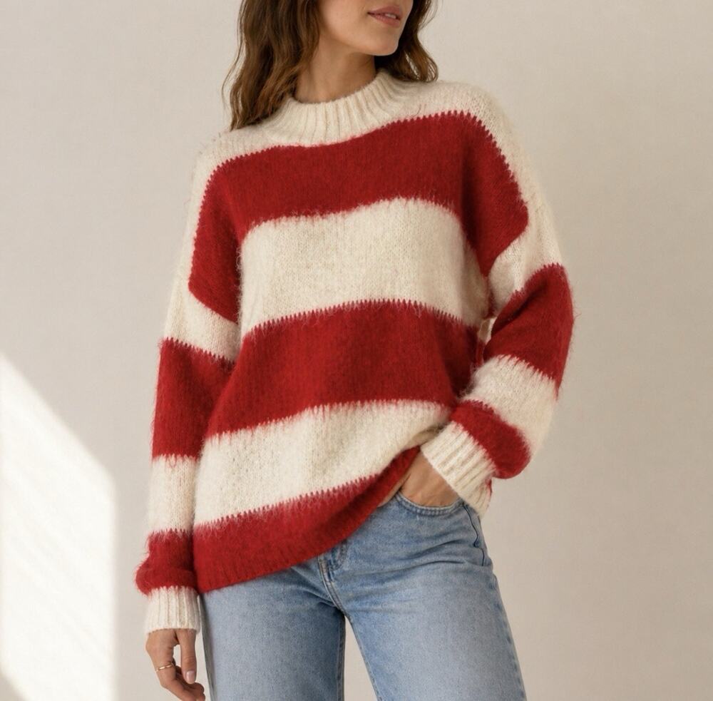 NWT Woman BP STRIPED OVERSIZED BRUSHED SWEATER Size S Fuzzy Long Slve White Red